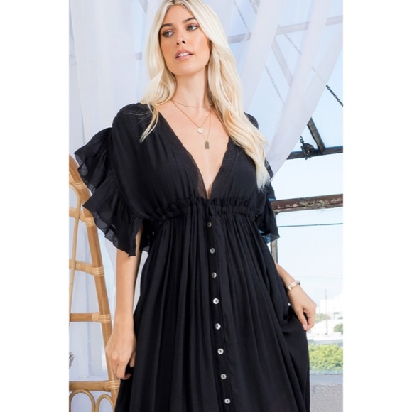 Dresses & Skirts - SOLD OUT Black Gauze Boho Button Short Slv Deep V Woven Gathered Maxi Dress